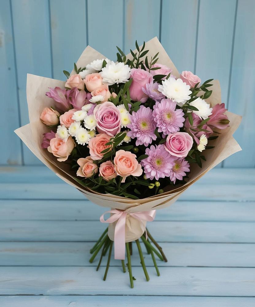 Букет цветов из: Хризантемы, Розы и Альстромерии в Сусанино