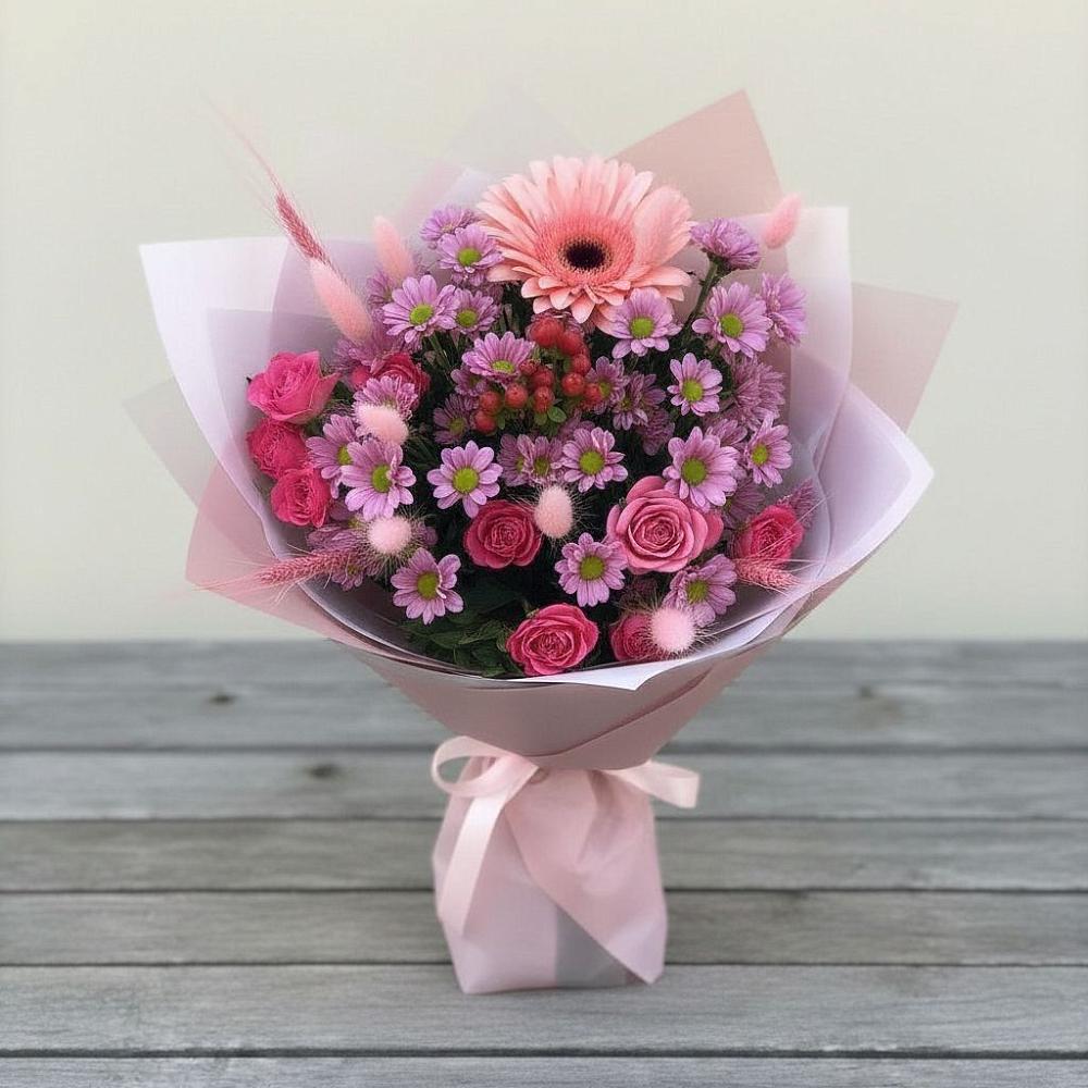 Букет цветов из: Розы, Герберы и Хризантемы в Сусанино