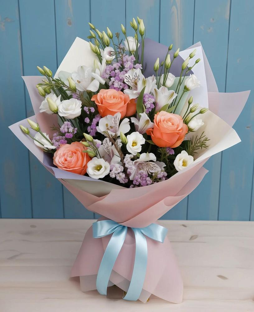 Букет цветов из: Лизиантусы, Розы, Альстромерии и Гипсофила в Сусанино
